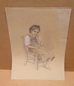 Ecole du XIXème siècle fillette assise dessin au crayon avec rehauts de blanc - Picture 1 of 4