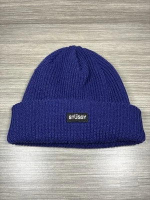 Stussy Small Patch Watchcap Beanie Box Logo Blue Wide Cuff One Size Fits All - Image 1 of 4