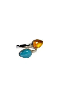 Solid Sterling Silver Dominican Blue Larimar w/ Amber Stones Handmade Ring - Picture 1 of 4