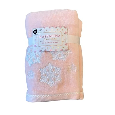 Kassafina 2pk Pink Christmas Hand Towels Embroidered Snowflakes 100% Cotton NEW - Image 1 of 4
