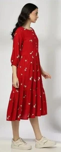 Whimsical Tiered Midi Dress Sz XS Birds Novelty Unique Indie Red Prairie Artsy - Picture 1 of 15