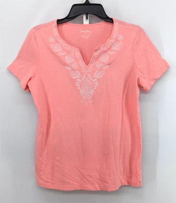 Camisa Coral Bay Mujer Mediana Naranja Bordada Dividido Cuello en V Manga Corta Top Foto 1 de 4
