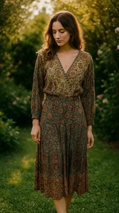 Vintage 90s Carole Little Brown Empire Waist Boho Abstract Bias Cut Dress Sz 4 - Picture 1 of 15