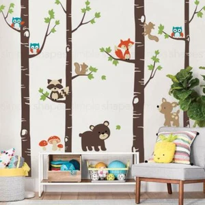 Birch Trees with Cute Forest Animals Wall Decal - Bild 1 von 20
