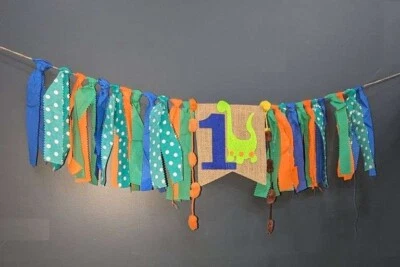 Baby 1 Year Old First Birthday High Chair Banner Party Dinosaur Burlap Ribbon Foto 1 de 3
