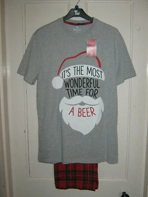 MENS TU CHRISTMAS "BEER" SLOGAN GREY SHORT SLEEVE/LONG LEG PYJAMAS SIZE SMALL - Image 1 of 4