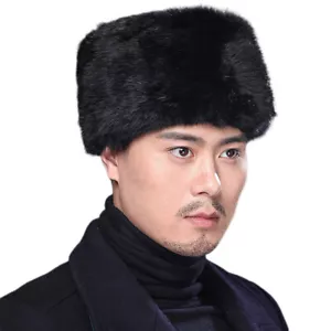Men's 100 Rabbit Fur Hat Winter Warm Beanie Cap Black Grey Brown - Picture 1 of 20
