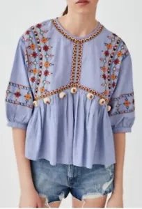 NWT Festival Blue Embroidered Shirt Pom Pom BOHO Small Zara TRF Western Colorful - Picture 1 of 9