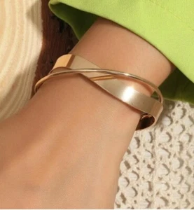 Womens Girls Simple Solid Layered Decor Cuff Bangle Bracelet Gold Metal Party - Picture 1 of 4