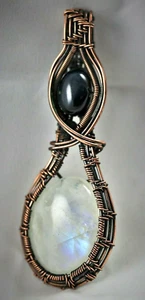 Moonstone Black Onyx Copper Wire Wrap Pendant  Elegant Handcrafted ! - Picture 1 of 4