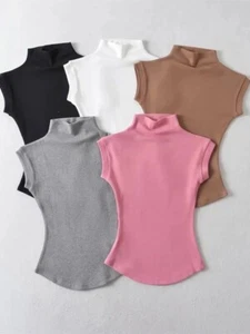Damen Rollkragen T-Shirt Slim Fit l Ärmellos Kurzarm Casual Oberteil Frauen - Bild 1 von 6