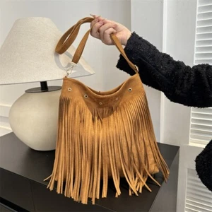 PU Fringed Leather Shoulder Bag with Tassels Solid Color Shoulder Bag - Picture 1 of 15