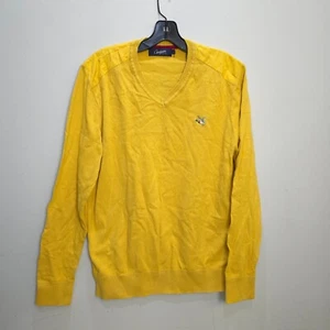 Chevignon Pullover Sweater Mens Jumper Large Yellow Cotton High Neck Solid Vneck - Picture 1 of 15