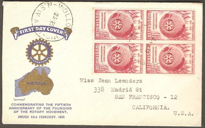 1955 Australia Rotary International GUTHRIE Block of 4 FDC WOLLONGONG NSW to USA - Image 1 of 2
