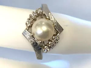 ESTATE 14k WHITE gold ladies CULTURED pearl &GENUINE DIAMOND ring AXXX - Picture 1 of 6