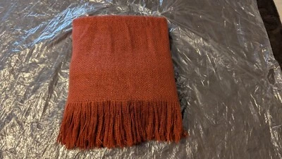VERY RARE West Elm Blanket Throw in BRICK Soft Stretch Knit w/Fringe 100% Acryli - Image 1 of 4