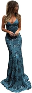 Sequin Mermaid Prom Spaghetti Straps Sparkly Lace Evening Gown Formal Party - Picture 1 of 5