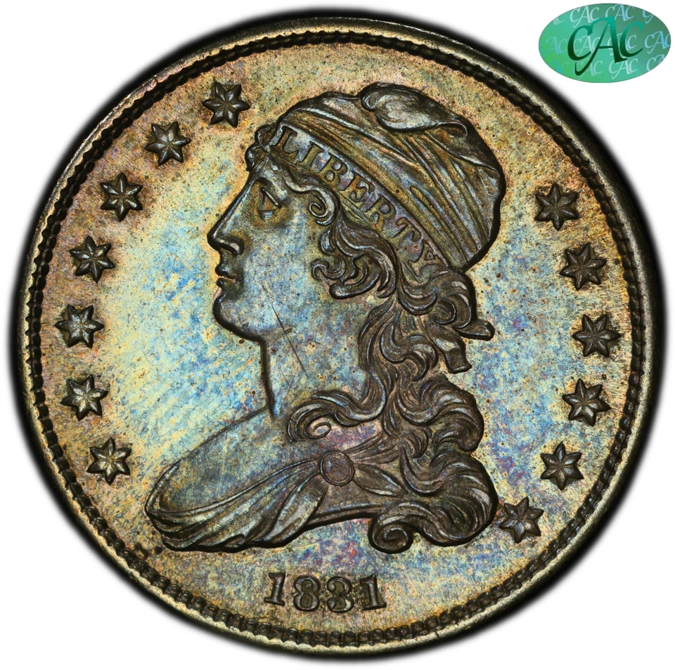 1831 25C SM LT MS64 PCGS CAC Toned Color  Capped Bust Quarter - Image 1 of 4
