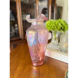 Vintage Fenton 14" Pink Iridescent Crackle Glass Vase | Handblown Art Glass - Picture 1 of 10