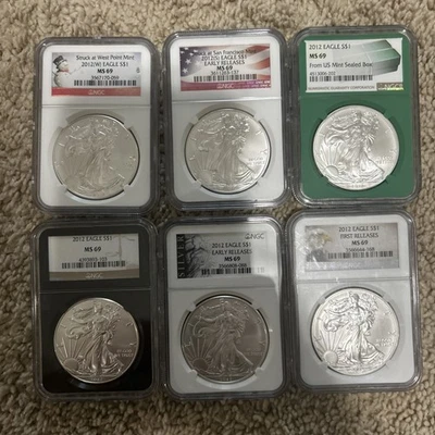 Lot of six (6) 2012 Silver Eagles - NGC MS69 - .999 Fine - Rare Holders  - Image 1 of 2