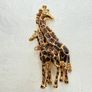 St. John Gold Tone Metal Enamel & Jeweled Mother & Baby Giraffe Pin / Brooch - Picture 1 of 10
