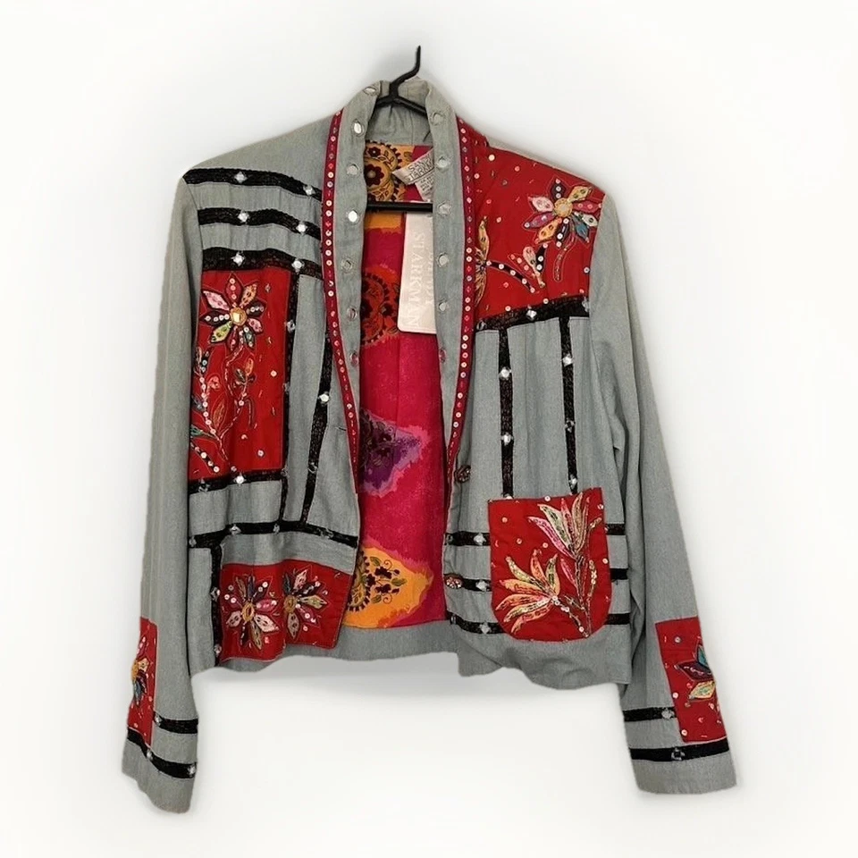 Sandy Starkman Jacket Womens Small Embroidered Floral Patchwork Sequin Boho Foto 1 de 4