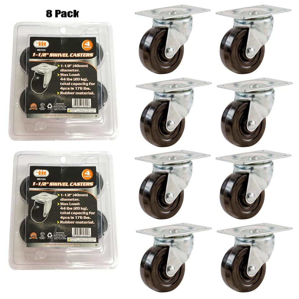 QNP RRG 8 Pack 1 1/2" Swivel Casters Plate Mounting Wheel Rubber Top Plate Heavy Duty