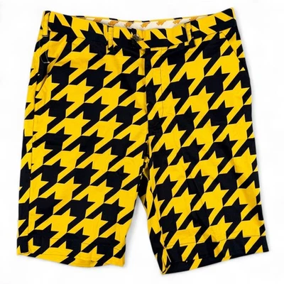 Pantalones Cortos de Golf Loudmouth Hombres 36 Amarillo Negro Pata de Gallo Patrón Elástico Estampado Fuerte Foto 1 de 4