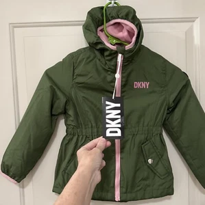 NWT DKNY Girls Hooded Windbreaker Jacket Sherpa Green & Pink Greyed Green 5/6 - Picture 1 of 24