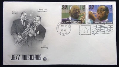 Scott 2983 2984 FDC Louis Armstrong Coleman Hawkins Jazz American Music STRIP2 - Image 1 of 3