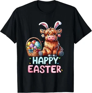 Happy Easter Day Highland Cow Cute Easter Bunny Women Kids T-Shirt Hoodie - Picture 1 of 17