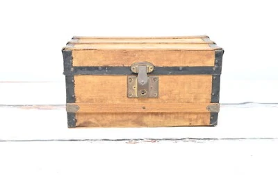 Antique Child's Toy Miniature Doll's Steamer Trunk Wood and Canvas Flat Top - Image 1 of 4