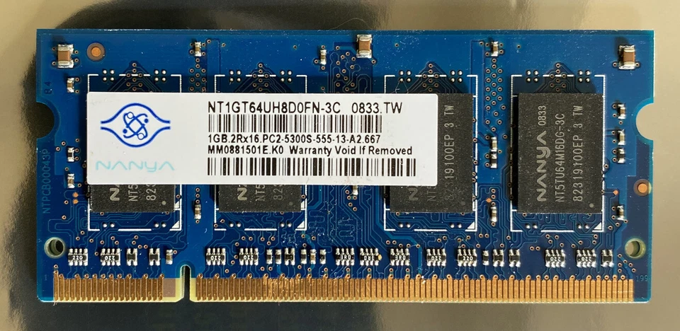 Nanya NT1GT64UH8D0FN-3C 1x1GB PC2-5300S DDR2 Memory 200pin So-Dimm - Image 1 of 3