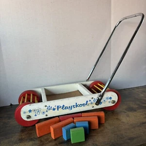 Original Vintage 1960s Playskool Push Along Baby Walker Trolley - Wooden Bricks - Picture 1 of 15