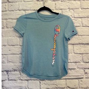 Champion Active T-Shirt Rainbow Logo Athletic Top Tee Blue Size 10/12 - Picture 1 of 6