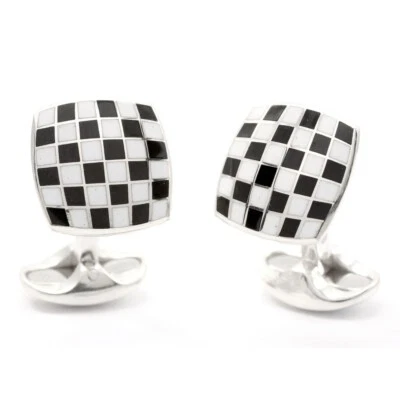 Deakin & Francis Sterling Silver Enamel Checkerboard Cufflinks in Black & White - Image 1 of 3