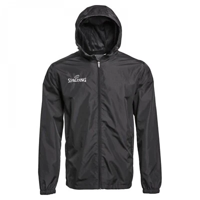 NUEVO CON ETIQUETAS Chaqueta de Lluvia Spalding Negra Bordada Logo Impermeable Cremallera Viento Con Capucha Talla L Foto 1 de 4