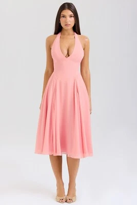 HOUSE OF CB 'Solada' Peach Georgette Halter Sundress L+ 14/16 3579 - image 1 of 4
