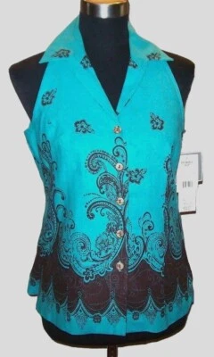 女式 Dorby Top 6 蓝色棕色亚麻连衣裙休闲纽扣前衬衫 S 全新 $86 — 第 1/2 张图片