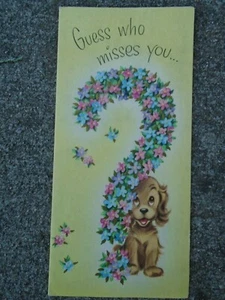 Tarjeta de felicitación de colección perro flor? Signo de interrogación adivina quién te extraña dentro de mí años 50 - Imagen 1 de 5