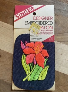 Vintage Singer Designer Embroidered Iron-On Denim Patch Neon Flower - Picture 1 of 6