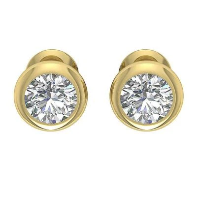 Solitaire Stud Earrings Donut Bezel Set I1 H 1.00Carat Round Diamond Yellow Gold - Image 1 of 4