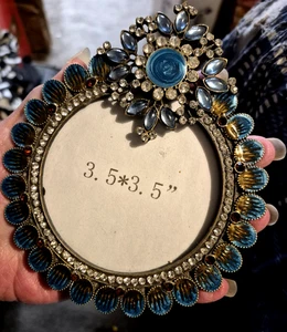 Kir Peacock Pewter Enamel Rhinestone Jeweled Round Picture Frame 3.5 X 3.5" - Picture 1 of 9