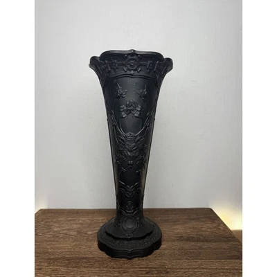 Jarrón de 11" trompeta de jaspe de basalto negro Wedgwood vintage raro Foto 1 de 4