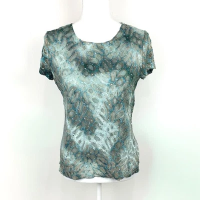 Vintage Y2K Women L Lace Mesh Seqiun Top Stretchy Fairy Mermaid Sparkly Festival - Image 1 of 4