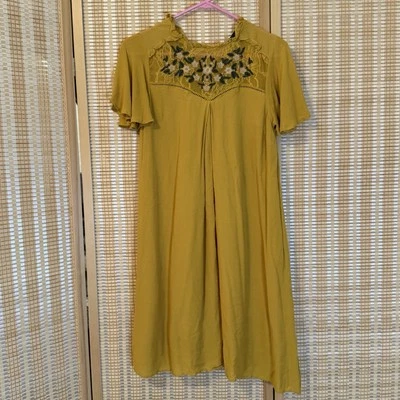 Blue Rain Womens M Mustard Lined Dress Lace Embroidery Cottagecore Western Boho - Image 1 of 4