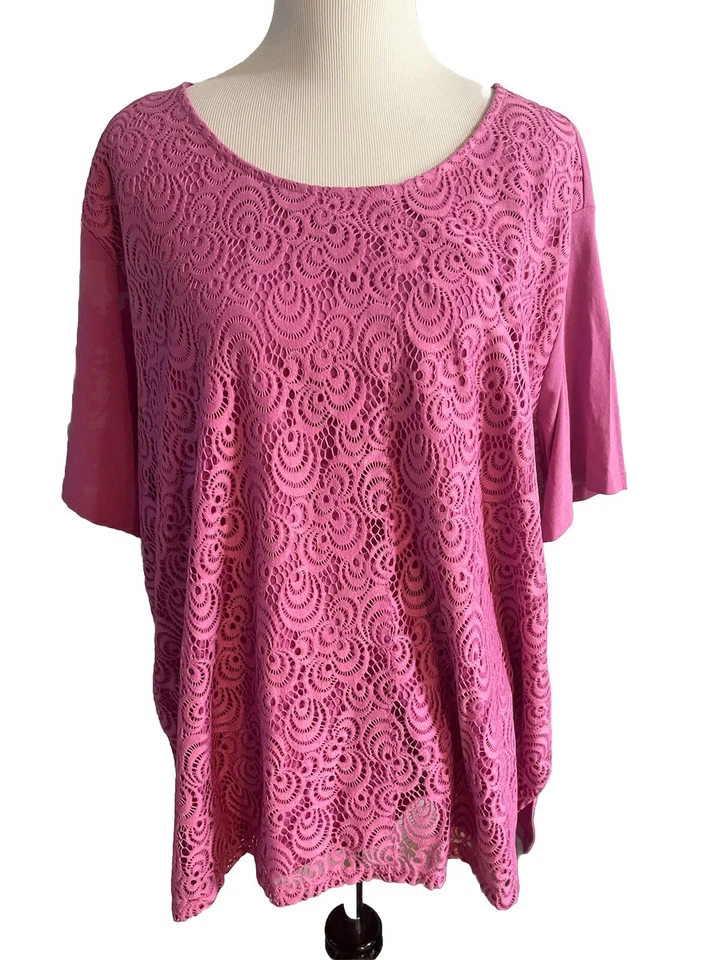 Davina 女式 3X 衬衫粉色蕾丝紫红色上衣衬衫分层正面加大码 — 第 1/4 张图片