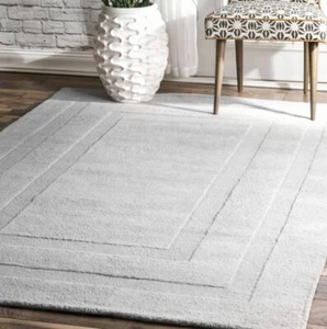 Double Border Solid Grey Loop & Cut Hand-Tufted 100% Wool Soft Area Rug Carpet - Picture 1 of 5