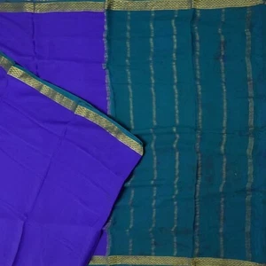 Saris azules vintage 100 % pura seda crepé Mysore Zari tejido sari 5YD tela artesanal - Imagen 1 de 6