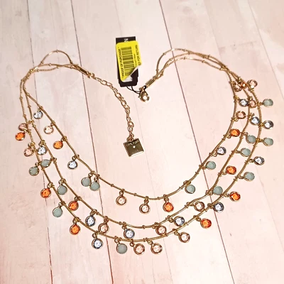 Conjunto de bisel dorado Anne Klein collar de 3 hilos de cristal rosa azul verde coral Foto 1 de 4